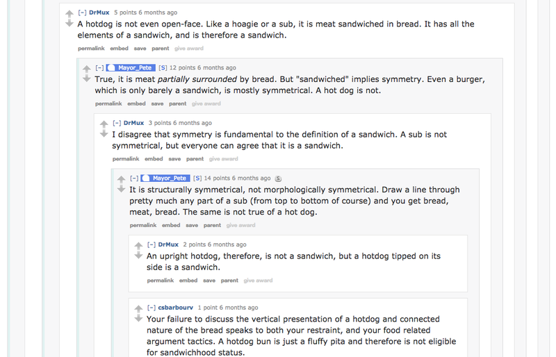 “True, it is meat partially surrounded by bread. But “sandwiched” implies symmetry. Even a burger, which is only barely a sandwich, is mostly symmetrical. A hot dog is not.”